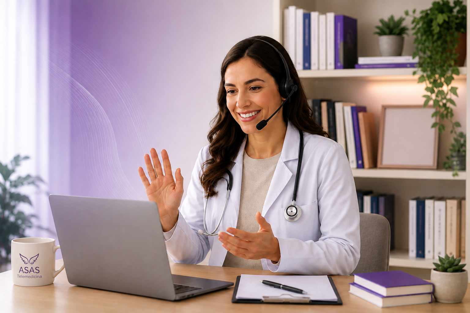 Médica realizando teleconsulta
